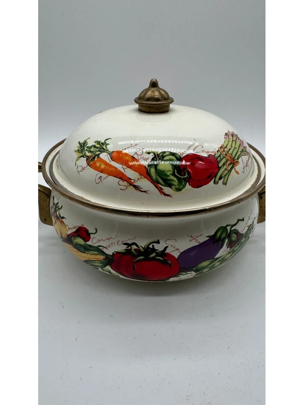 Vintage Ceramic Covered Casserole Tureen Vegetable Design Brass Tone Handles